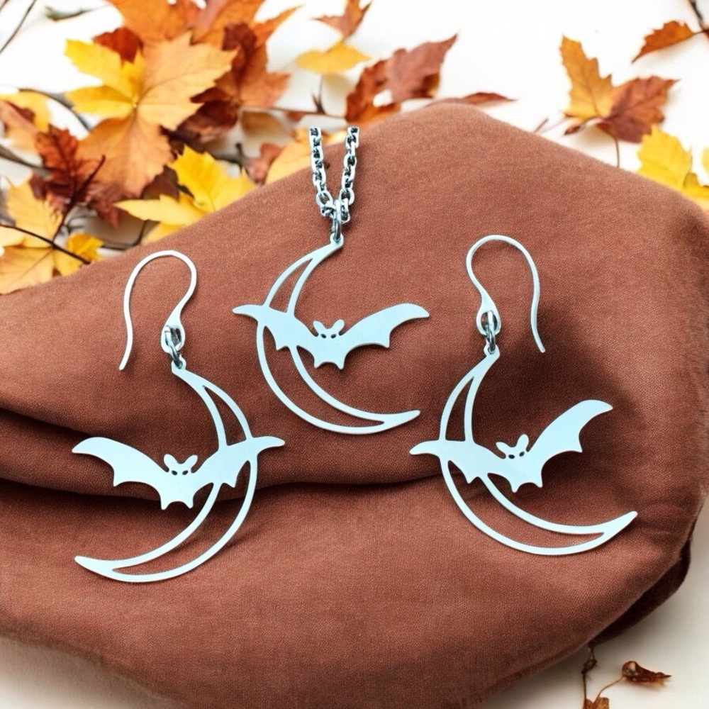 🆕 Bat On The Moon Laser Cut Necklace and Earrings Set Stainless Steel